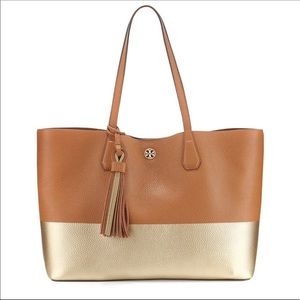 TORY BURCH PERRY TOTE GOLD BARK LEATHER EUC